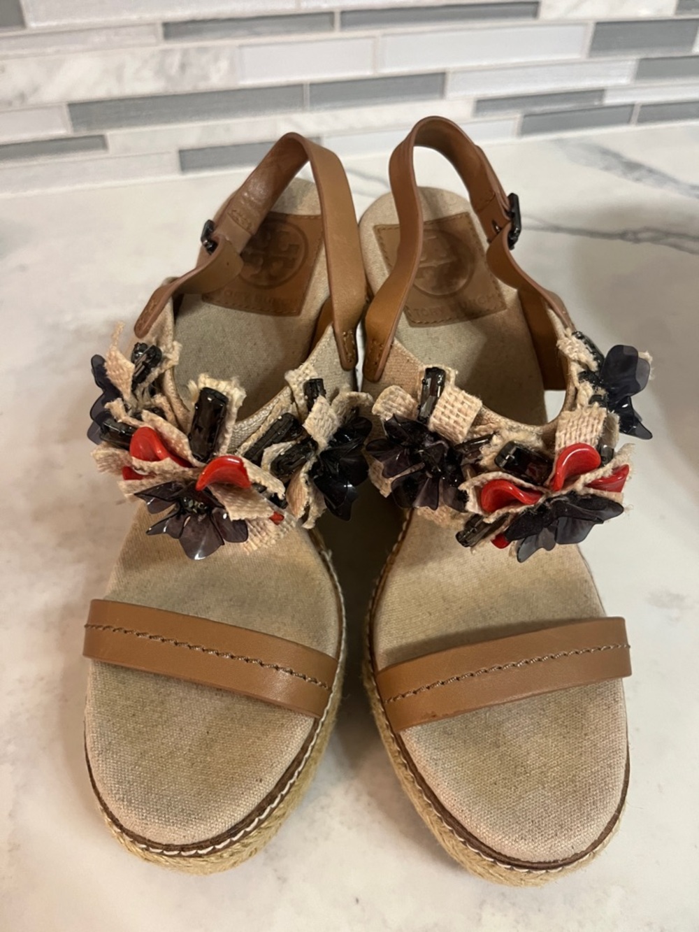 Tory Burch Tan Espadrille Sandals with Red and Black Floral Detail